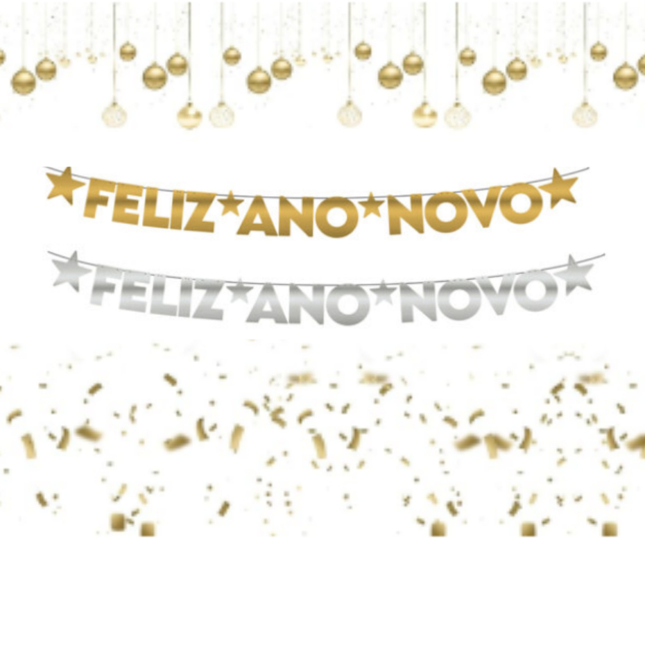 Faixa Decorativa Metalizada Feliz Ano Novo Decoração Fim Do Ano Ouro/Prata