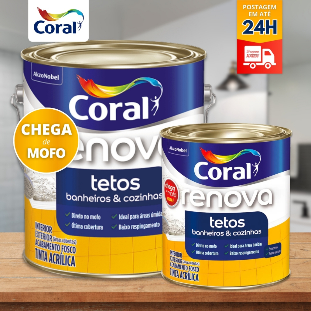 Tinta Acrílica Renova Tetos, Cozinhas & Banheiros Branco Coral 900ml e 3,6L Coral