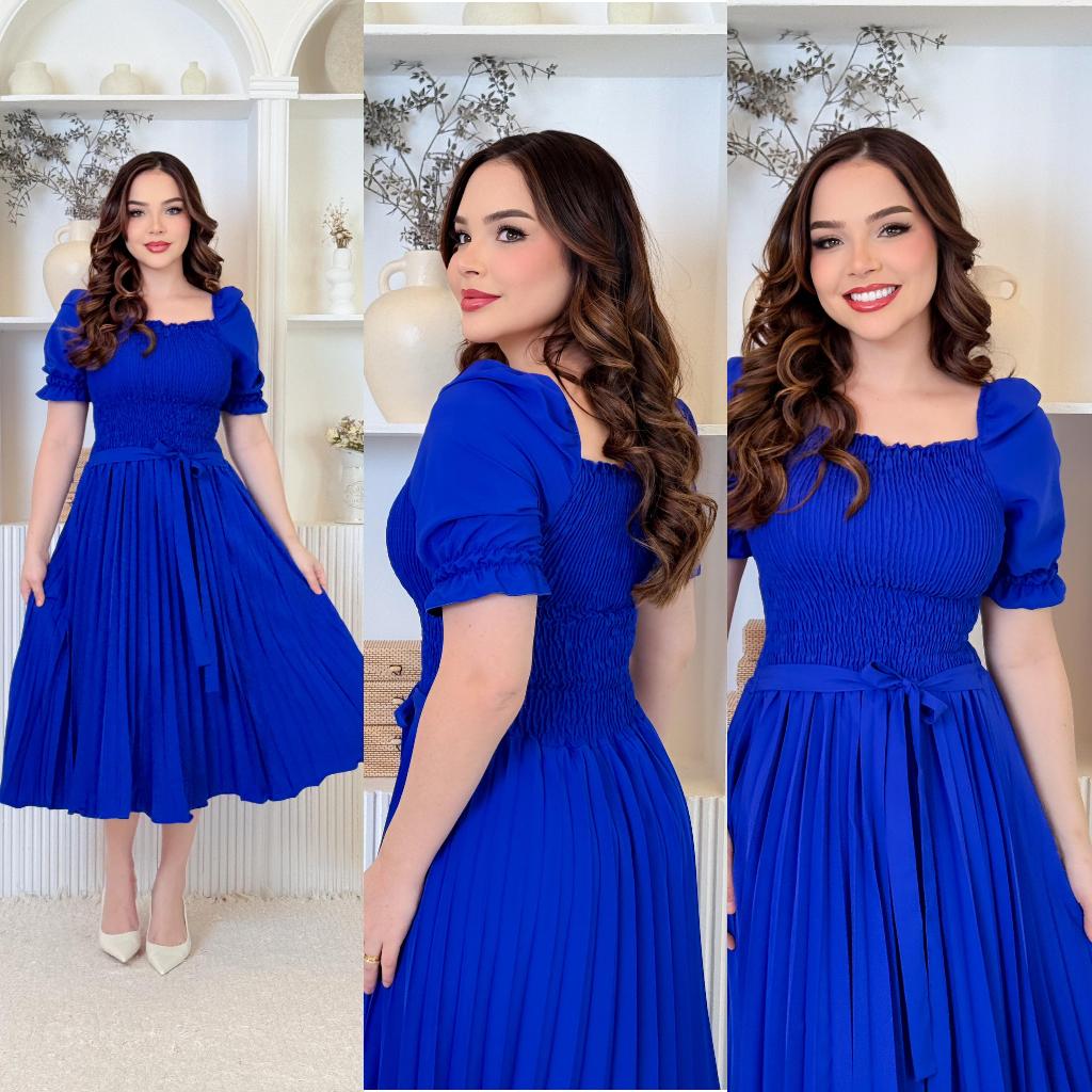 Vestido Feminino Midi Plissado Lisa, Manga Bufante Cintura Alta com Elastex e Cinto, Moda Evangélica em Oferta na Shopee