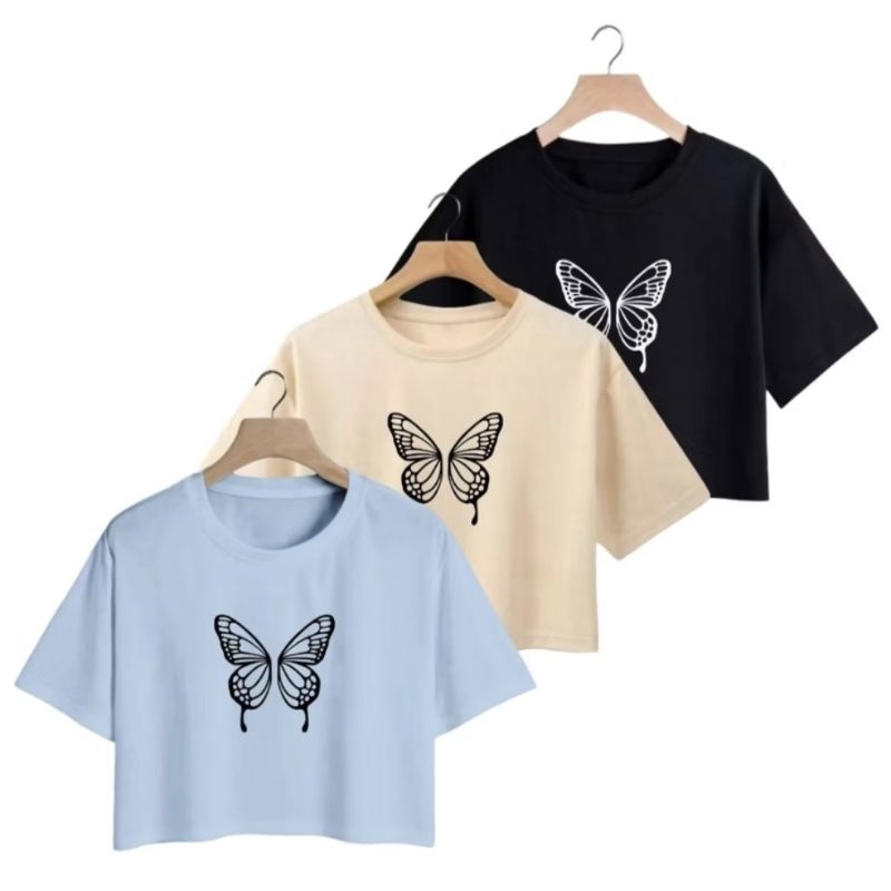 Kit 3 Cropped Blusinha Feminina Algodão Borboleta Despojada Estampada Confortável