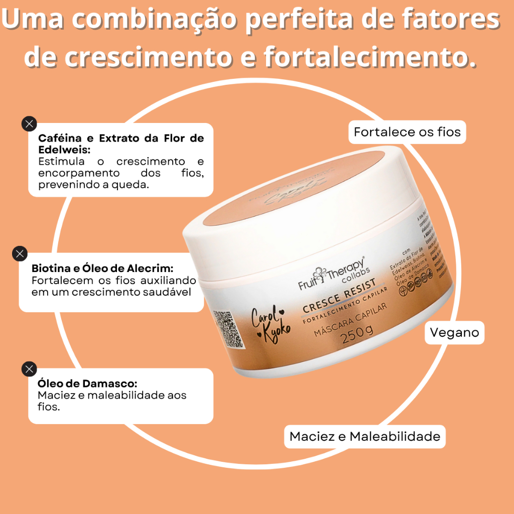 Máscara Cresce Resist Carol Kyoko 250g - Biotina para força, crescimento e fios saudáveis
