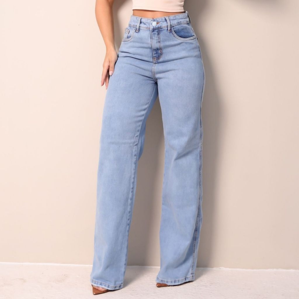 Calça Jeans Feminina Wide Leg Clara Pantalona Cintura Alta Tecido Grosso Linha Premium 100% Algodão