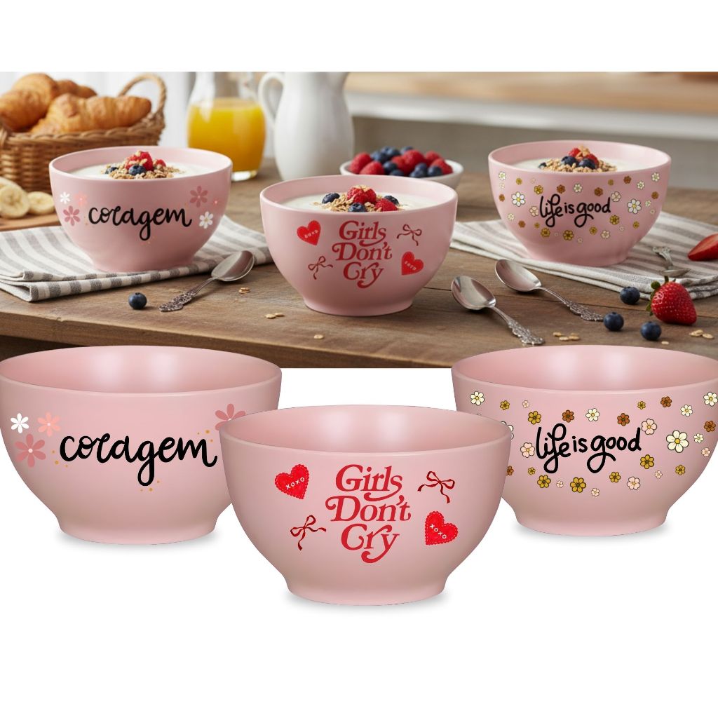 1 Bowl/Cumbuca Rosa Fosco De Cerâmica Estampado Com Frases Floral Ideia De Presente Cozinha Delicada