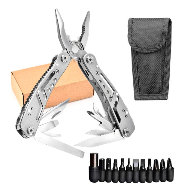 Alicate Multifuncional 25 em 1 Multitool Aço Inox Com Kit Bits Ferramenta Camping Pesca