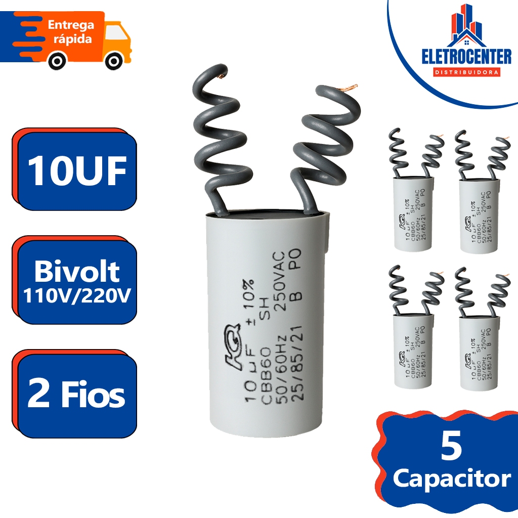Kit 5 Capacitores Para Ventilador Teto / Portão Eletrônico 2 Fios 10uf Bivolt 250V Alta Performance