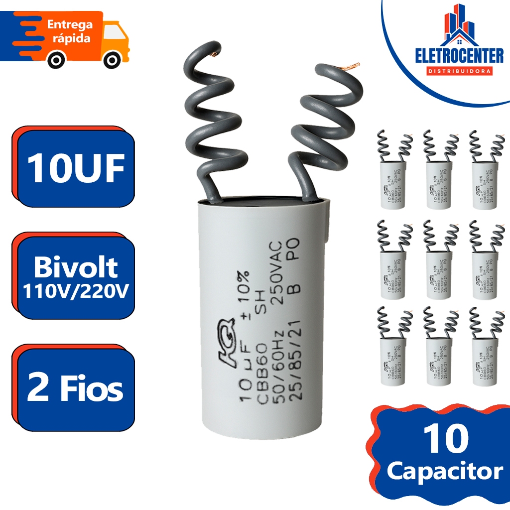 Kit 10 Capacitores Para Ventilador Teto / Portão Eletrônico 2 Fios 10uf 250Vac