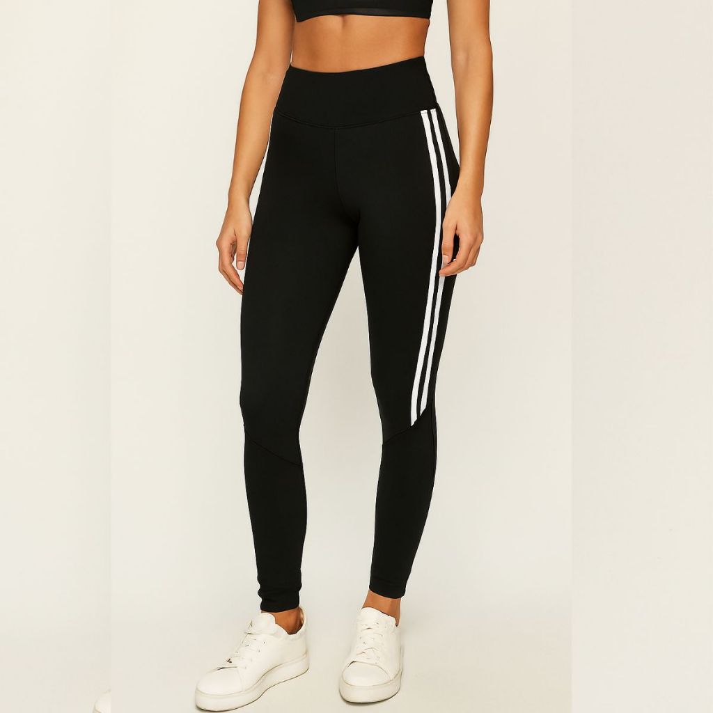 Legging Feminina Preta com Listras Brancas Laterais Fitness Academia