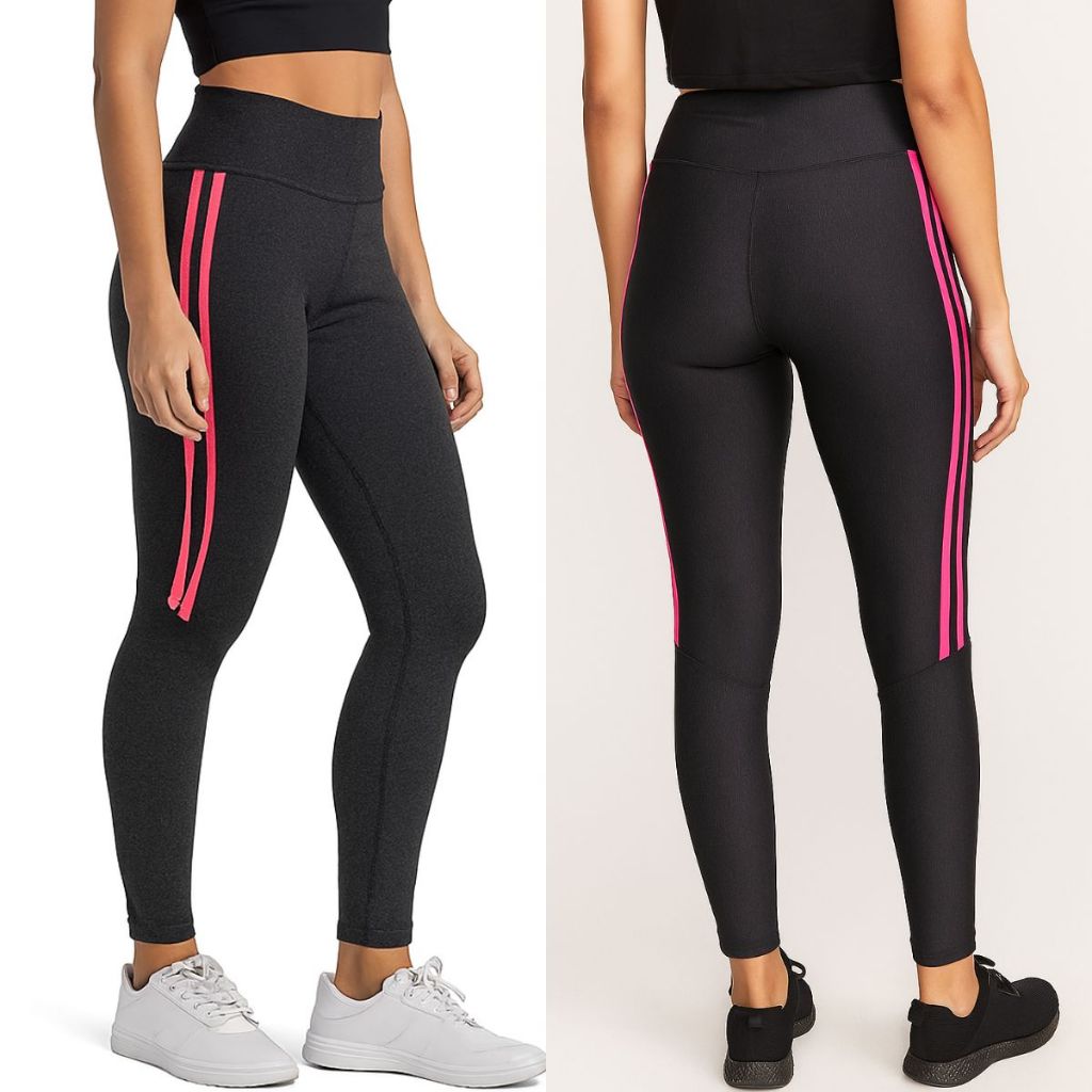 Calça Legging Feminina Cinza com Listras Rosa Laterais Fitness Academia