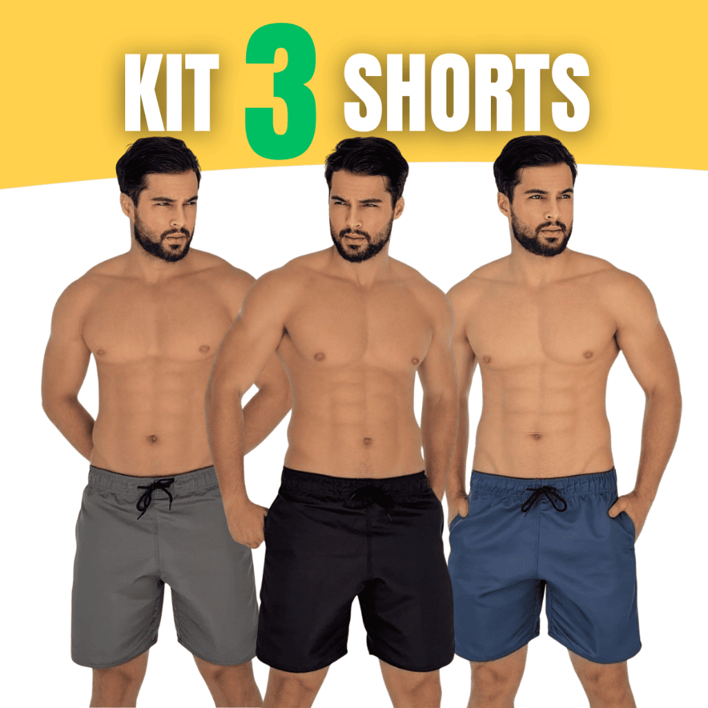 Kit 3 Short Mauricinho Tactel Bermuda Masculina Tectel Grosso Liso Com Elástico Praia Treino