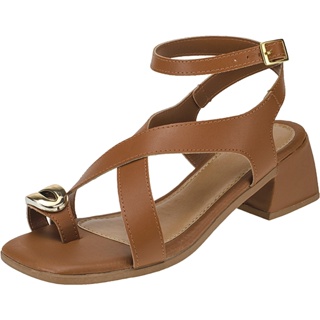 Sandália Feminina  com Salto Quadrado Detalhe Dourado em Oferta na Shopee