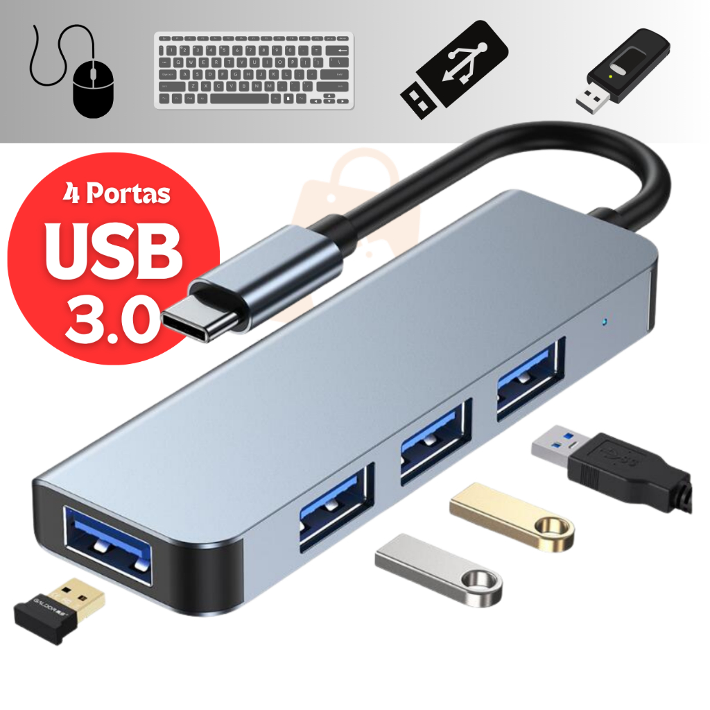 Hub Usb - C 4 Portas USB 5 Gbps Super Rapido Mouse Teclado Hd Pen Drive
