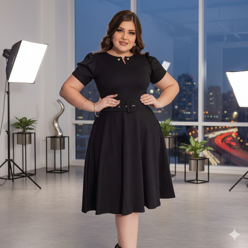 Vestido Alice Preto Godê Com Cinto Modelo Evangélico Rodado Broche Pérola