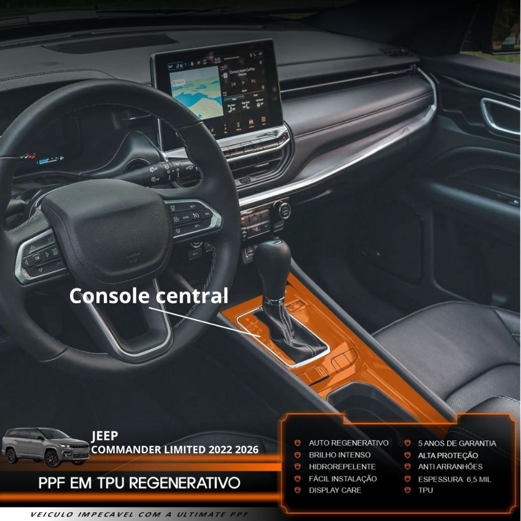 Película PPF Proteção Kit Console Central Jeep Commander Limited T270 2022 2023 2024 2025 2026 Transparente TPU Anti Ris