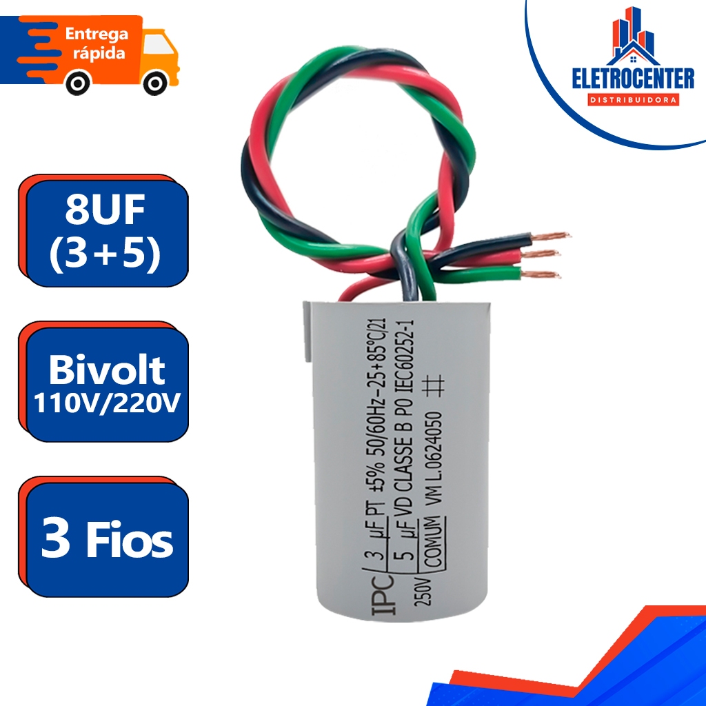 Capacitor 8uf 3 Fios 3+5uf 250V Para Motor Ventilador - IPC