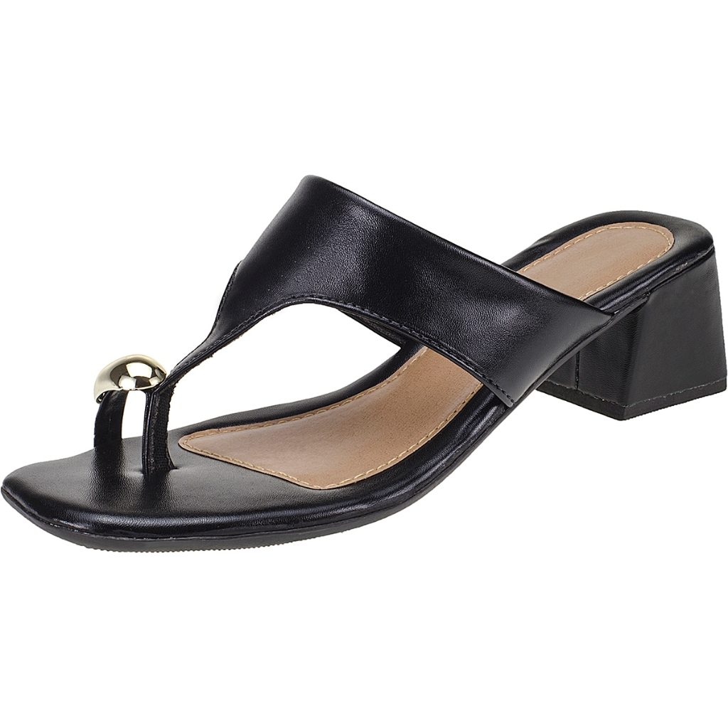 Sandália Tamanco Feminina  com Salto Quadrado Detalhe Dourado