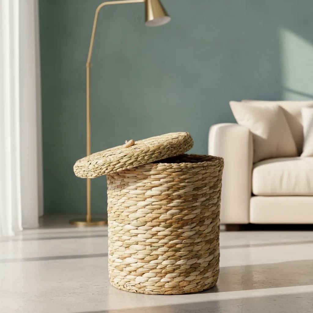 Cesto Organizador De Roupa Em Taboa Natural Com Tampa 35cm