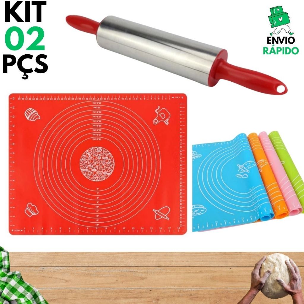 Kit 2 Tapete Culinária De Silicone Antiaderente de Abrir Massas + Rolo De Massa Giratório Inox em Oferta na Shopee