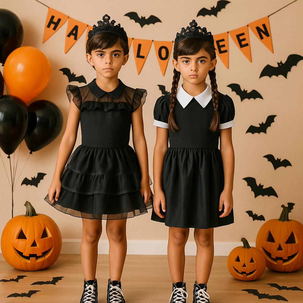 Fantasia Infantil Wandinha Bruxinha Princesa Vestido Halloween Dia das Bruxas Menina Feminina Família Addams Vandinha