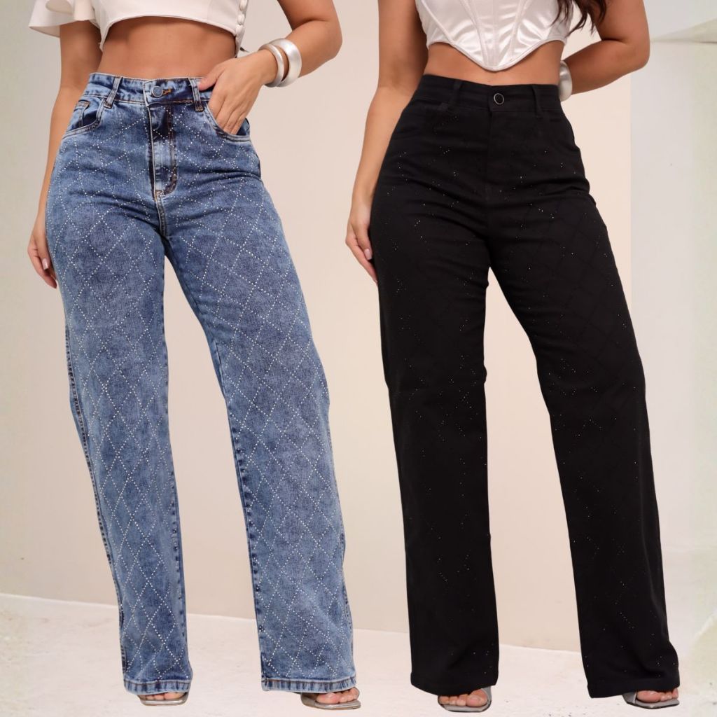 Calça Jeans Feminina Wide Leg STRASS - BRILHO Pantalona Lycra Cintura Alta Preta/Azul Linha Premium