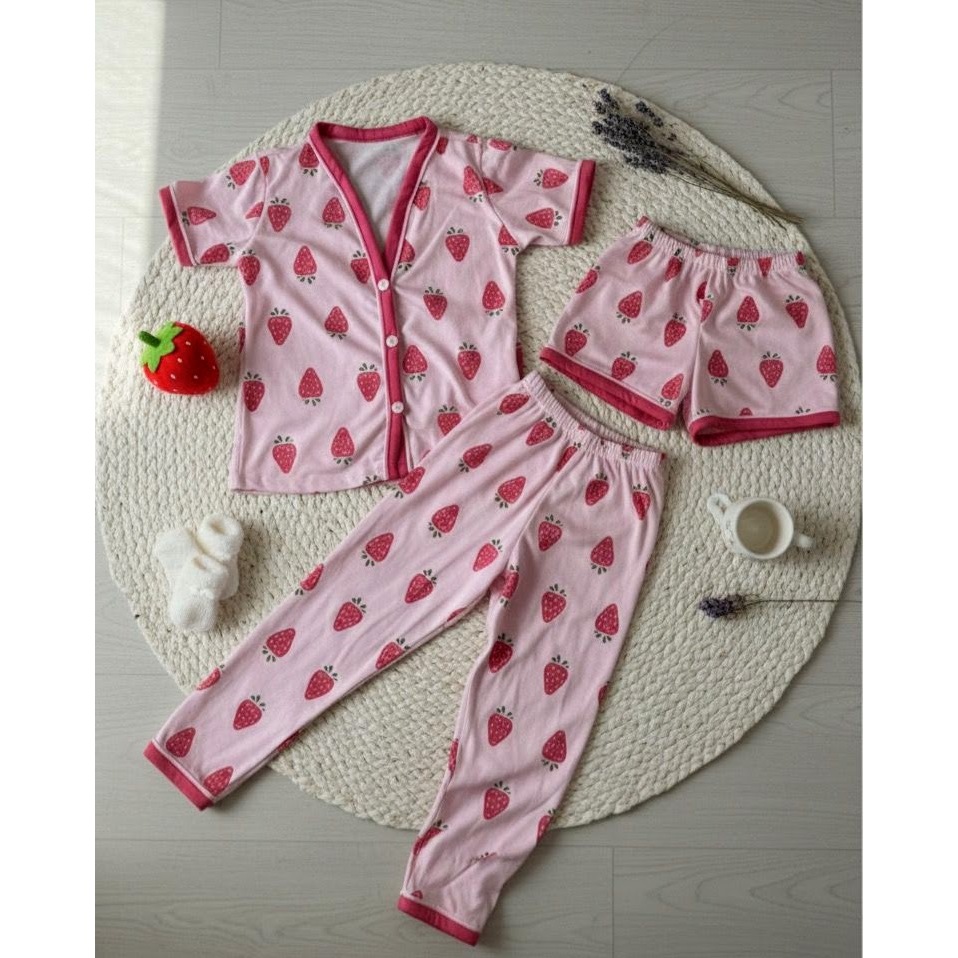 Kit Pijama de Menina 3 Peças Americano Camisa Botões + Calça + Short Criança Conforto Malha 2 ao10