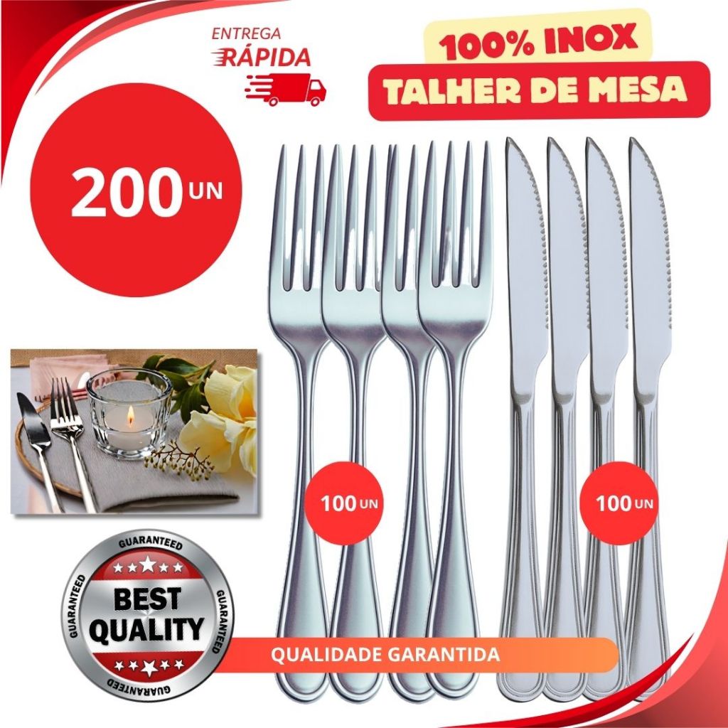 Kit 200 ou 100 Peças de Talheres Aço Inox 100 Garfos 100 Facas Mesa Casa Para Cozinha Restaurantes.