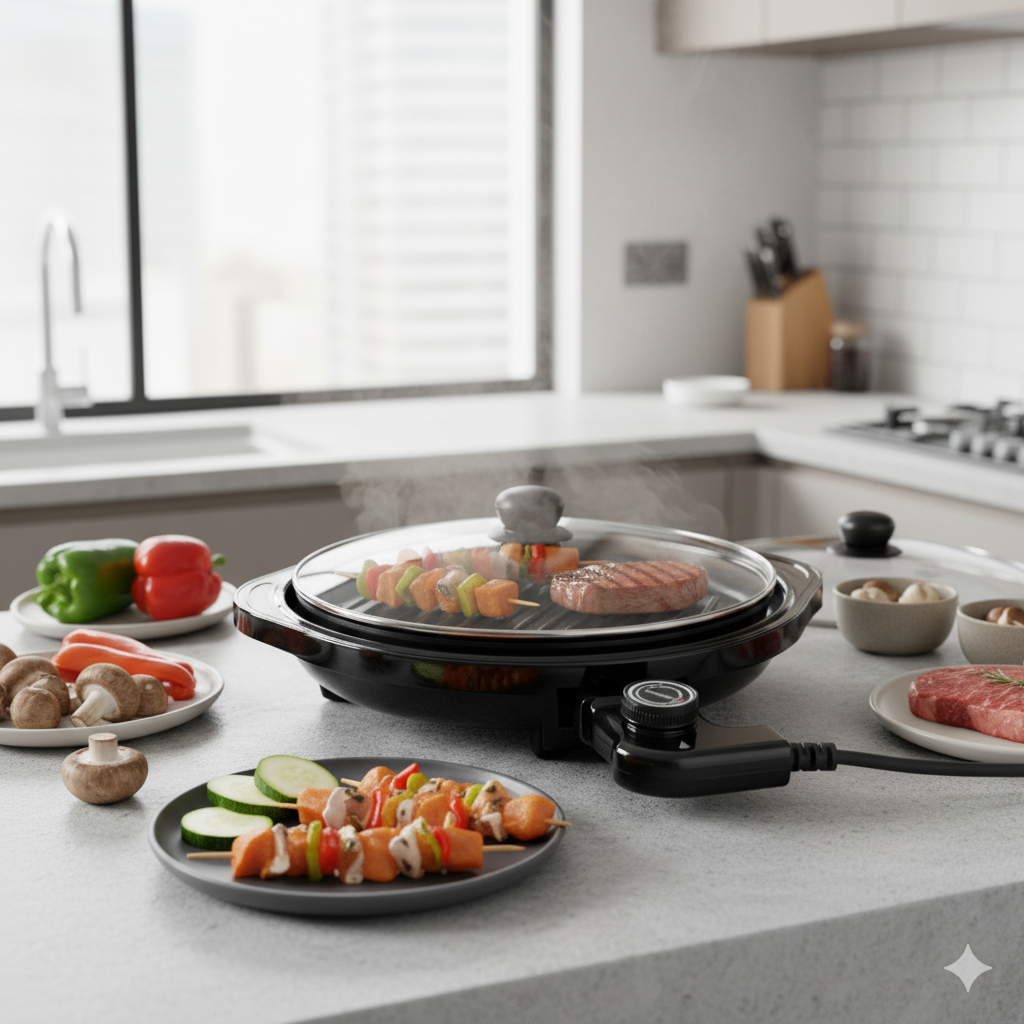 Grill Elétrico Redondo 127V Preto Tampa Vidro Termostato Ajustável Churrasqueira Elétrica Doméstica