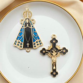 KIT Pingente Cruz Jesus + Entremeio Para Fazer Terço Nossa Senhora Resinada Dourado Cataforético em Oferta na Shopee