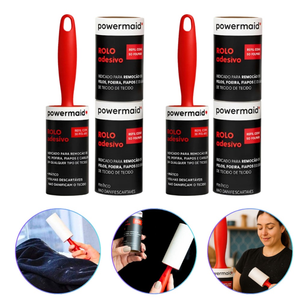 Kit 2 Rolos Adesivos + 4 Refil Tira Pelos Roupas Fiapos Limpa Plumas Sofá Prá...