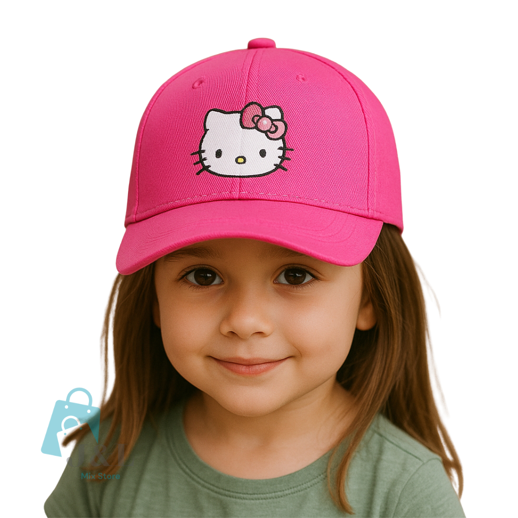 Boné Infantil meninas Personagem Hello Kitty Ajustável aba Curva