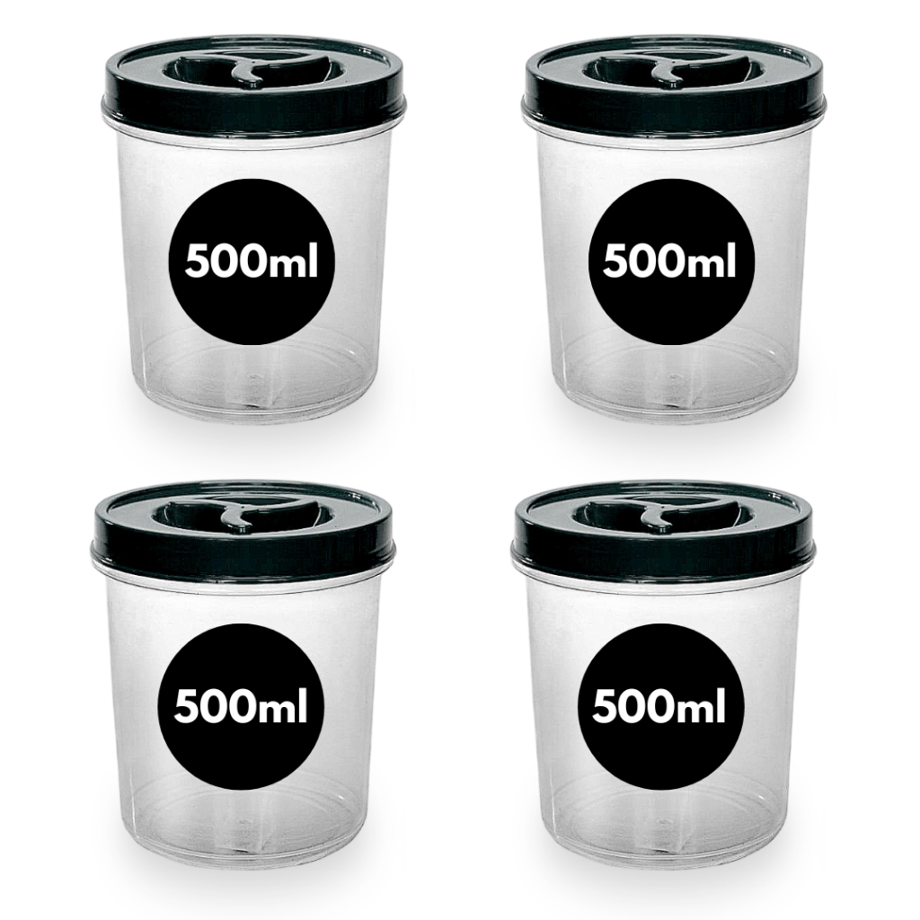 Kit 4 Potes Redondo 500ml Tampa de Rosca Pote Redondo Transparente Mantimento BPA FREE Cereal Bala