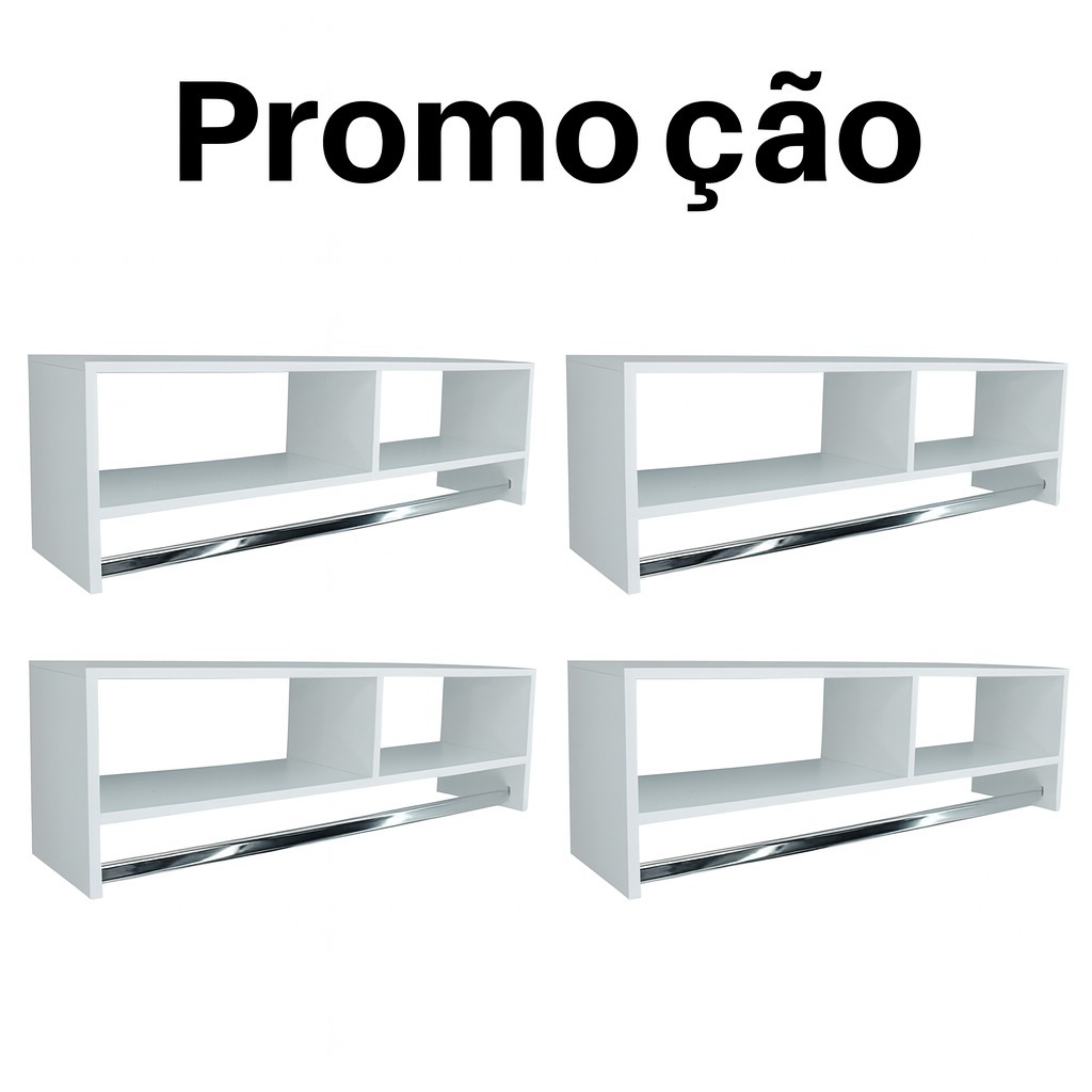 Kit 4 Cabideiro De Parede Arara  Branco Com Nicho 1 Metro (64A)