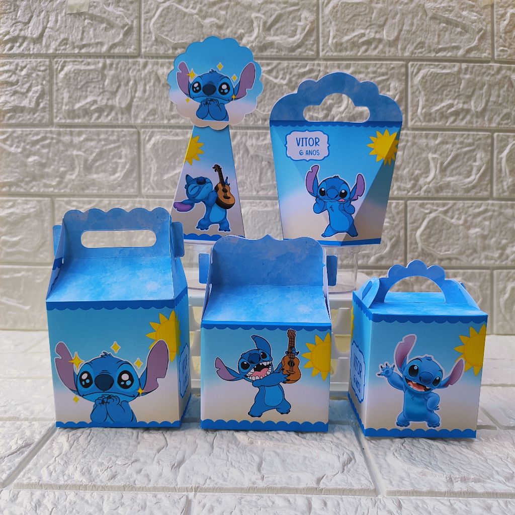Kit Caixinhas Papelaria Personalizada Stitch menino Lembrancinha Surpresa Aniversário Festa Infantil Desmontado