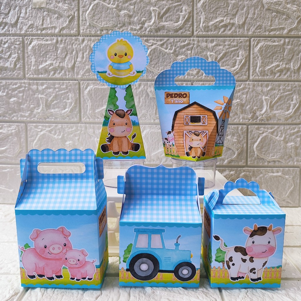 Kit Caixinhas Papelaria Personalizada Fazendinha Azul Lembrancinha Surpresa Aniversário Festa Infantil Desmontado