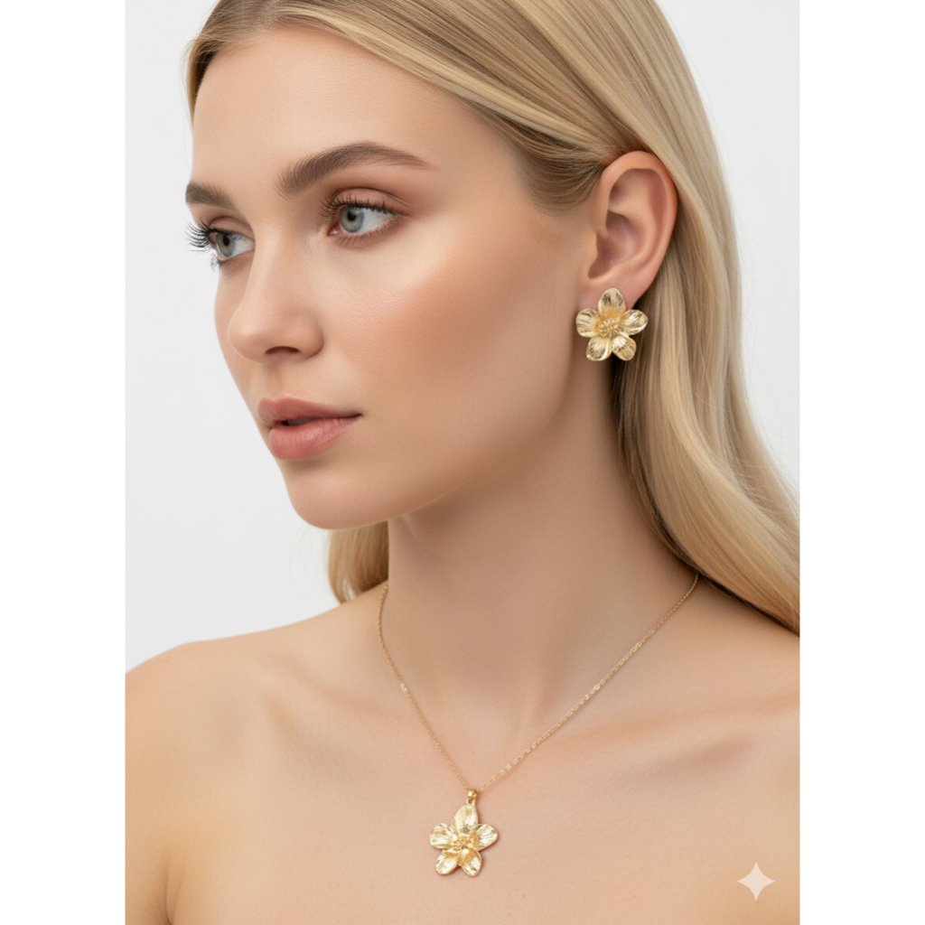 Conjunto Kit Colar e Brincos Flor Realista Dourada - Bijuteria Feminina Elegante e Delicada