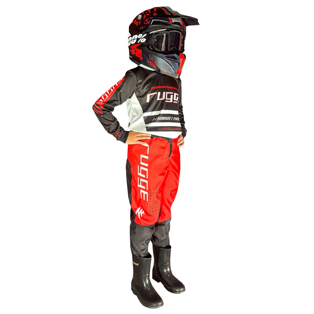 CONJUNTO INFANTIL PRIME PRETO VERMELHO BRANCO ROUPA MOTOCROSS BIKE TRILHA ENDURO VELOCROSS RUGGE