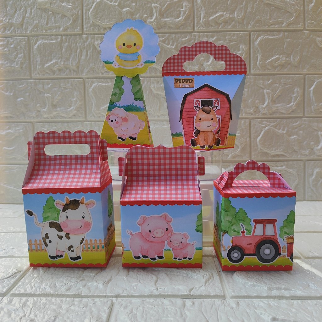 Kit Caixinhas Papelaria Personalizada Fazendinha Vermelha Lembrancinha Surpresa Aniversário Festa Infantil Desmontado