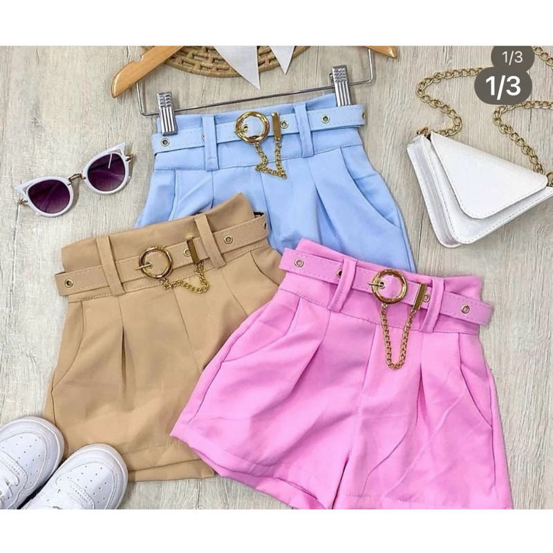 Shorts alfaiataria infantil com cinto, moda festa, casual ou dia a dia.