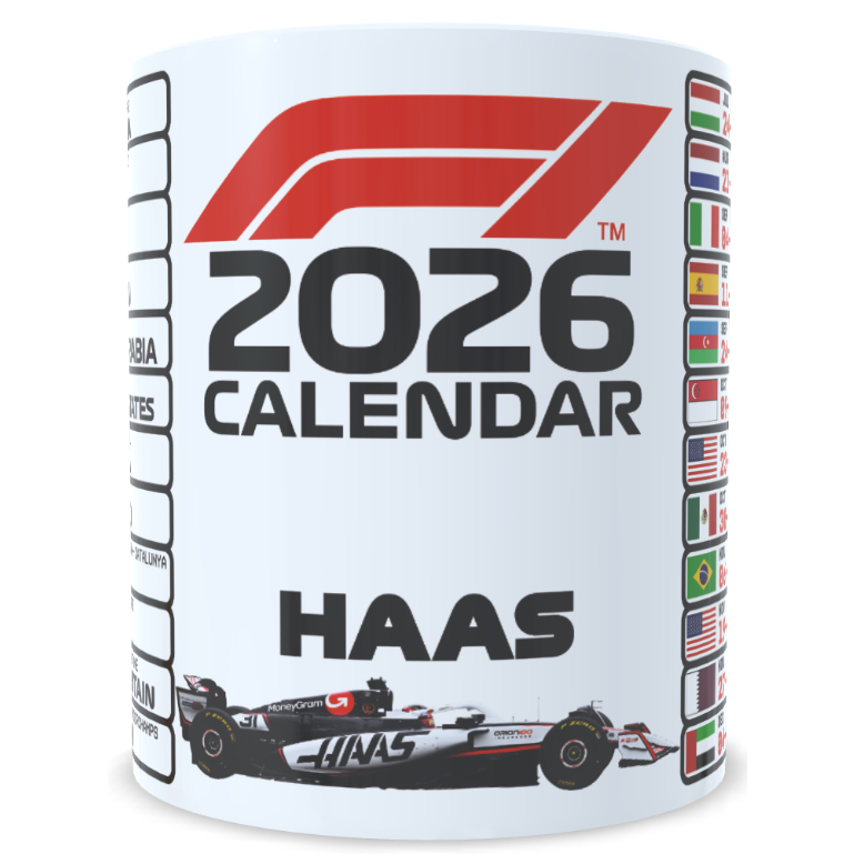 CANECA CALENDARIO F1 2026 EQUIPE HAAS FORMULA 1 325 ML - JCR PERSONALIZADOS
