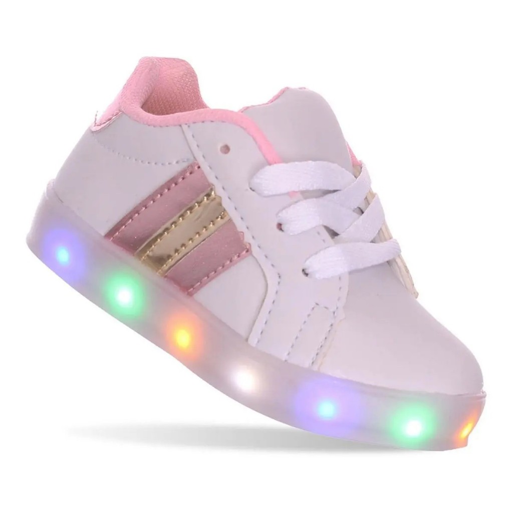 Tenis Led Feminino Crianças Casual BB Infantil Com Luzinha de Led Colorido Macio Leve Confortável Branco/Rosa Gliter