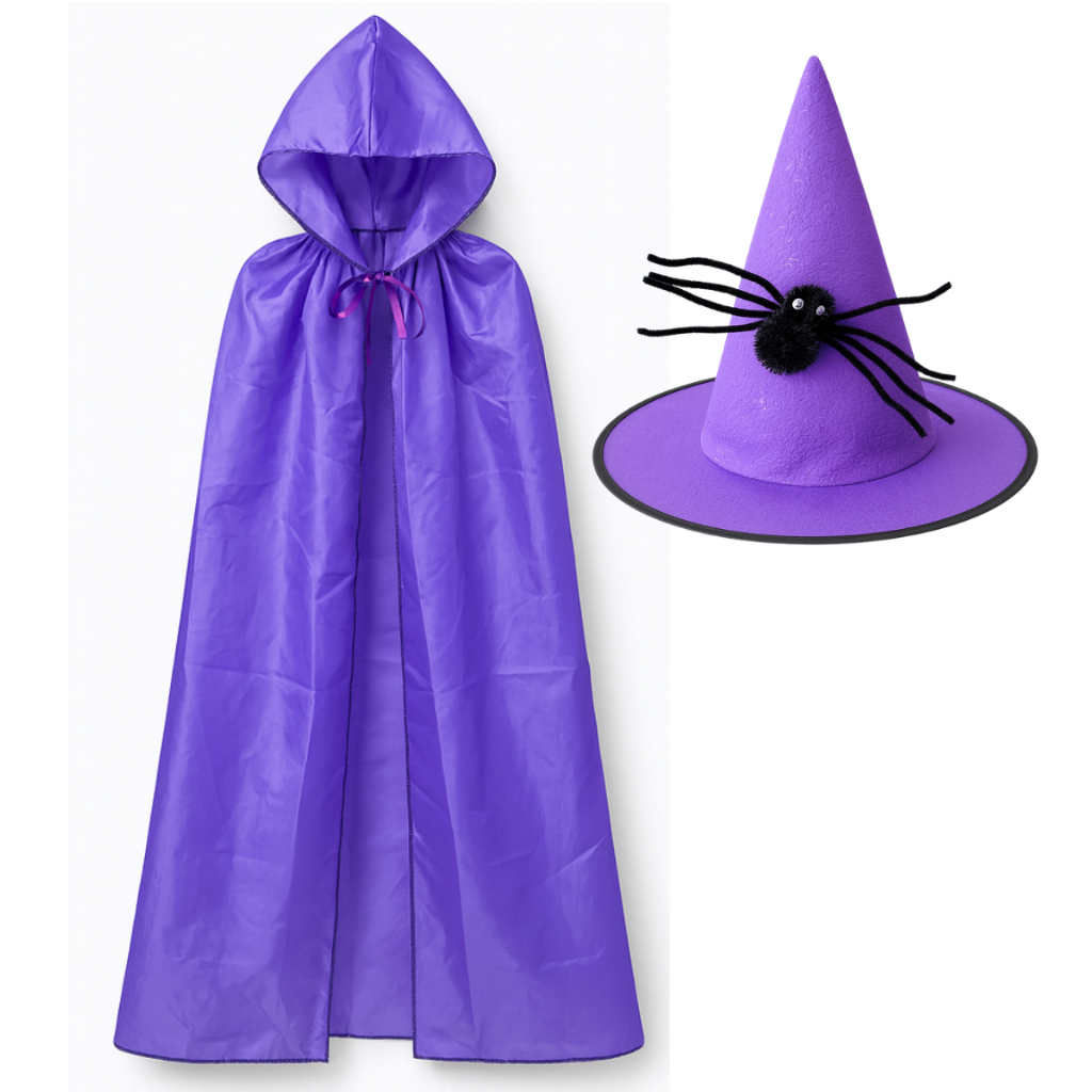 Kit Fantasia Bruxa Capa Roxa E Chapeu Halloween Carnaval