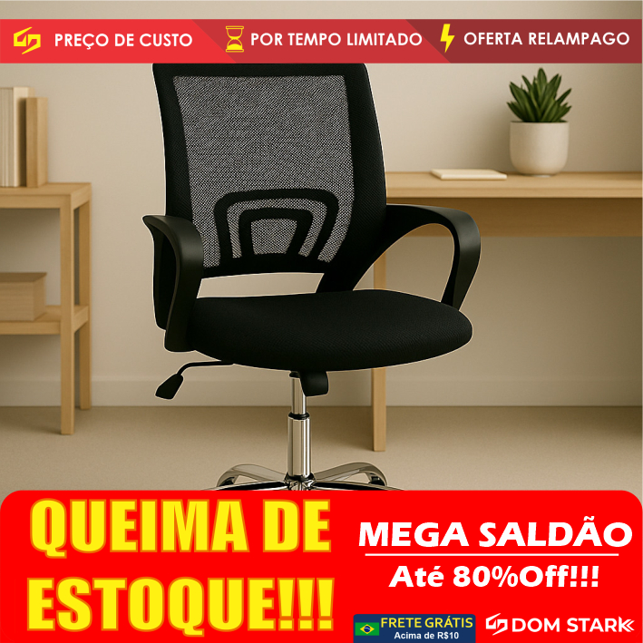 LIQUIDAÇÃO!! Cadeira Ergonômica Escritório Tela Mesh Preta com Base Cromada