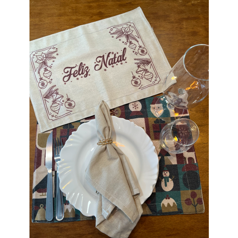 Kit Jogo Americano 2 em 1 Dupla Face Tecido Linho Premium Mesa Posta Feliz Natal Cor Crua E Verde