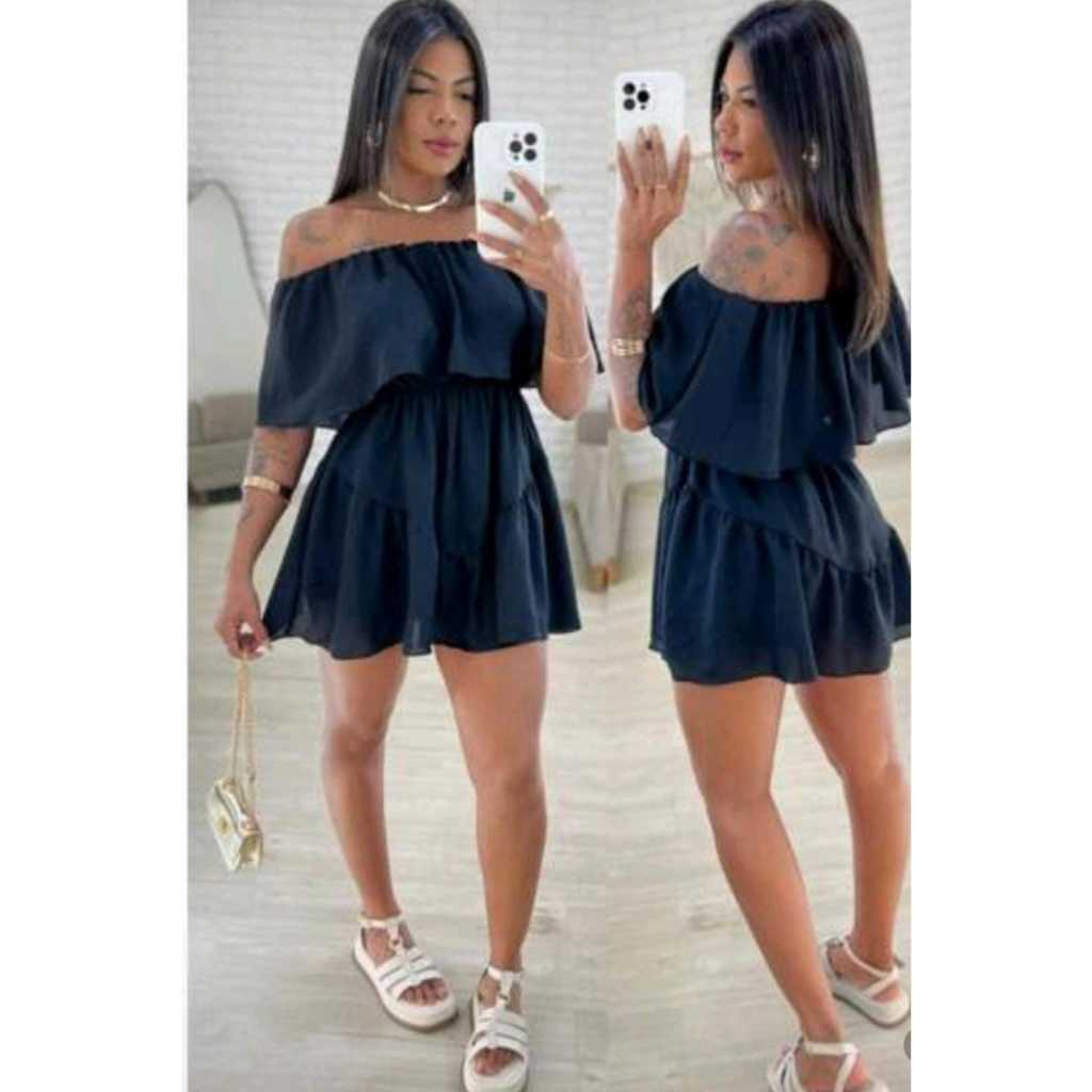 Vestido macaquinho feminino, ombro a ombro, estilo modelo ciganinha soltinho, tecido duna, moda verão.
