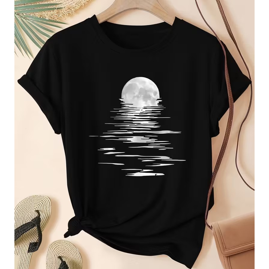 CAMISETA FEMININA CASUAL MINIMALISTA ESTAMPA LUA E AGUA 100% ALGODÃO