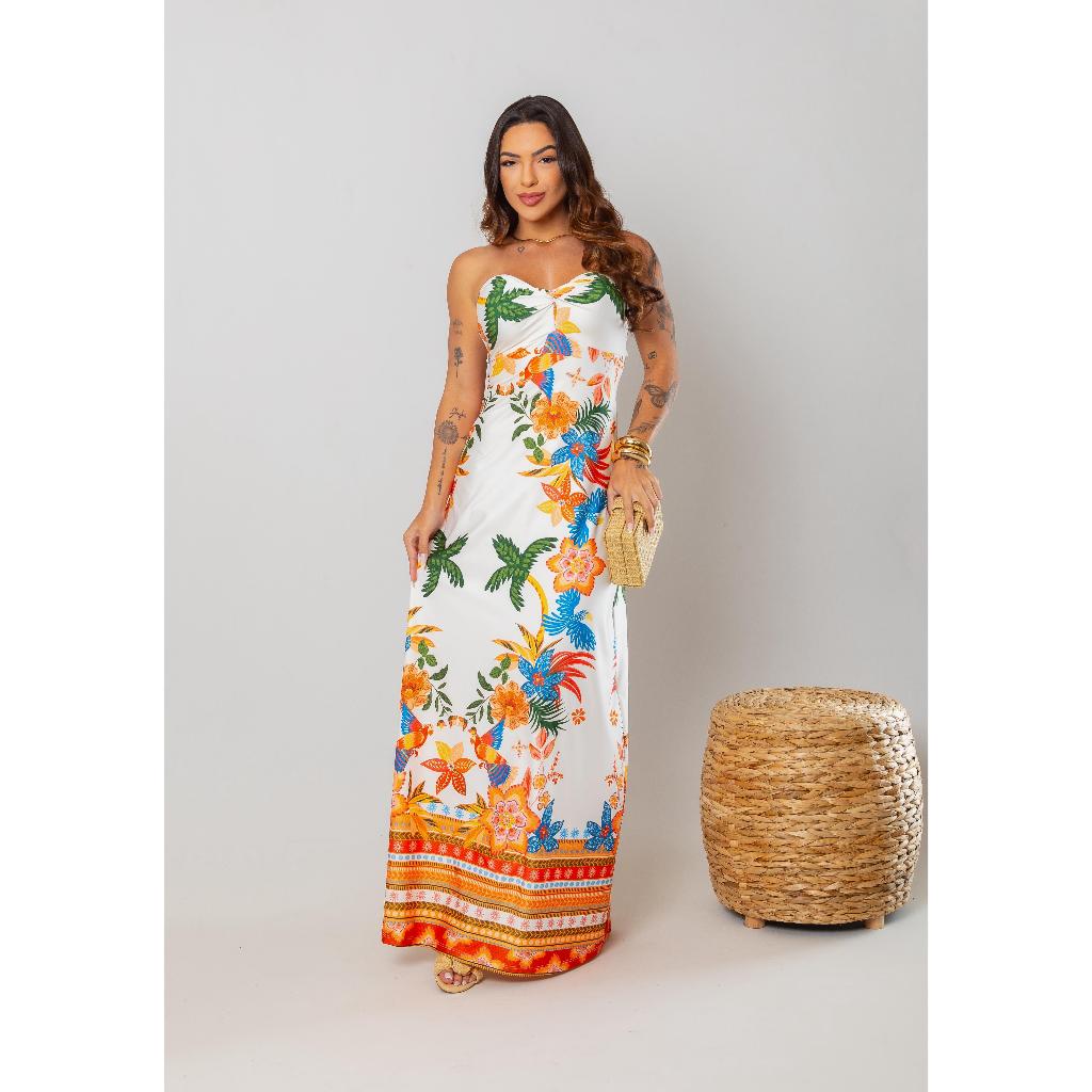 VESTIDO ISA - vestido feminino longo tomara que caia estampa inspiração flores tendencia floral tropical sem alça