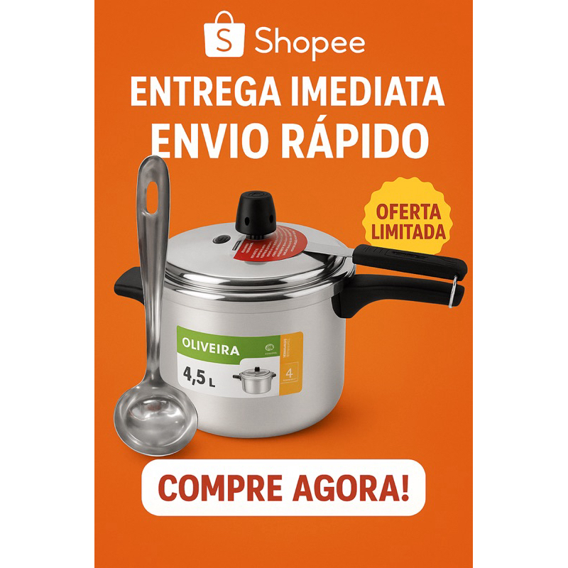 Panela de Pressão Oliveira 4,5L Antiaderente Polida + Concha Aço Inox Grátis – Cozinha Rápida e Segura