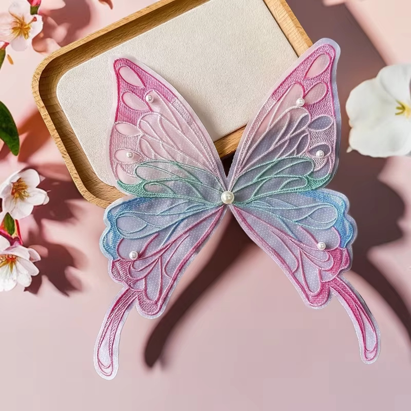 Asas de Borboleta com Pérolas Fantasia Infantil Aplique de Renda Bordada 1 Par  18x23cm