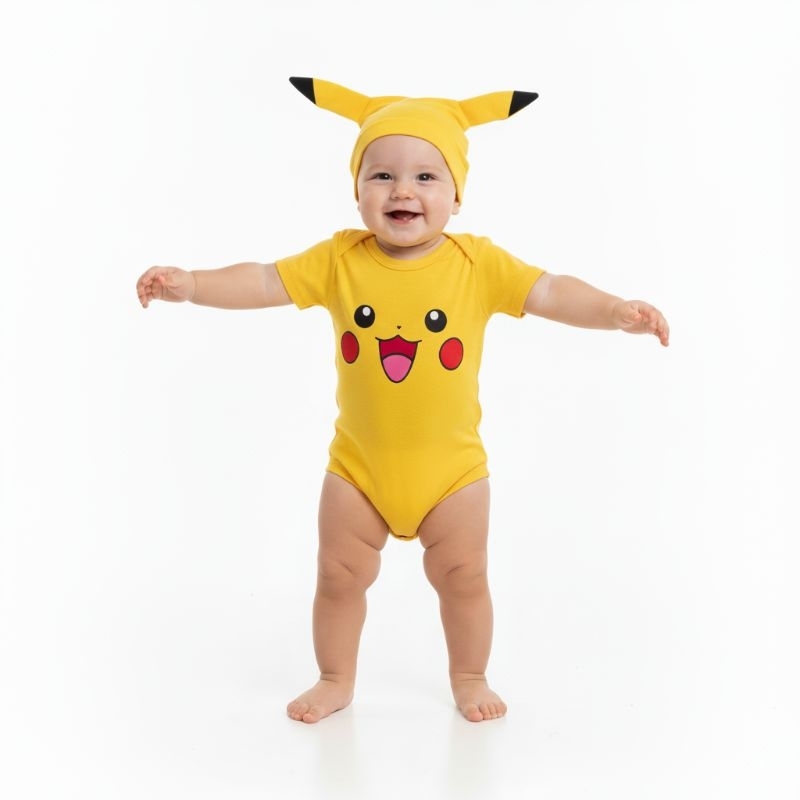 Body Temático Pikachu,acompanha a touca,bebê do P ao G,mesversário em Oferta na Shopee