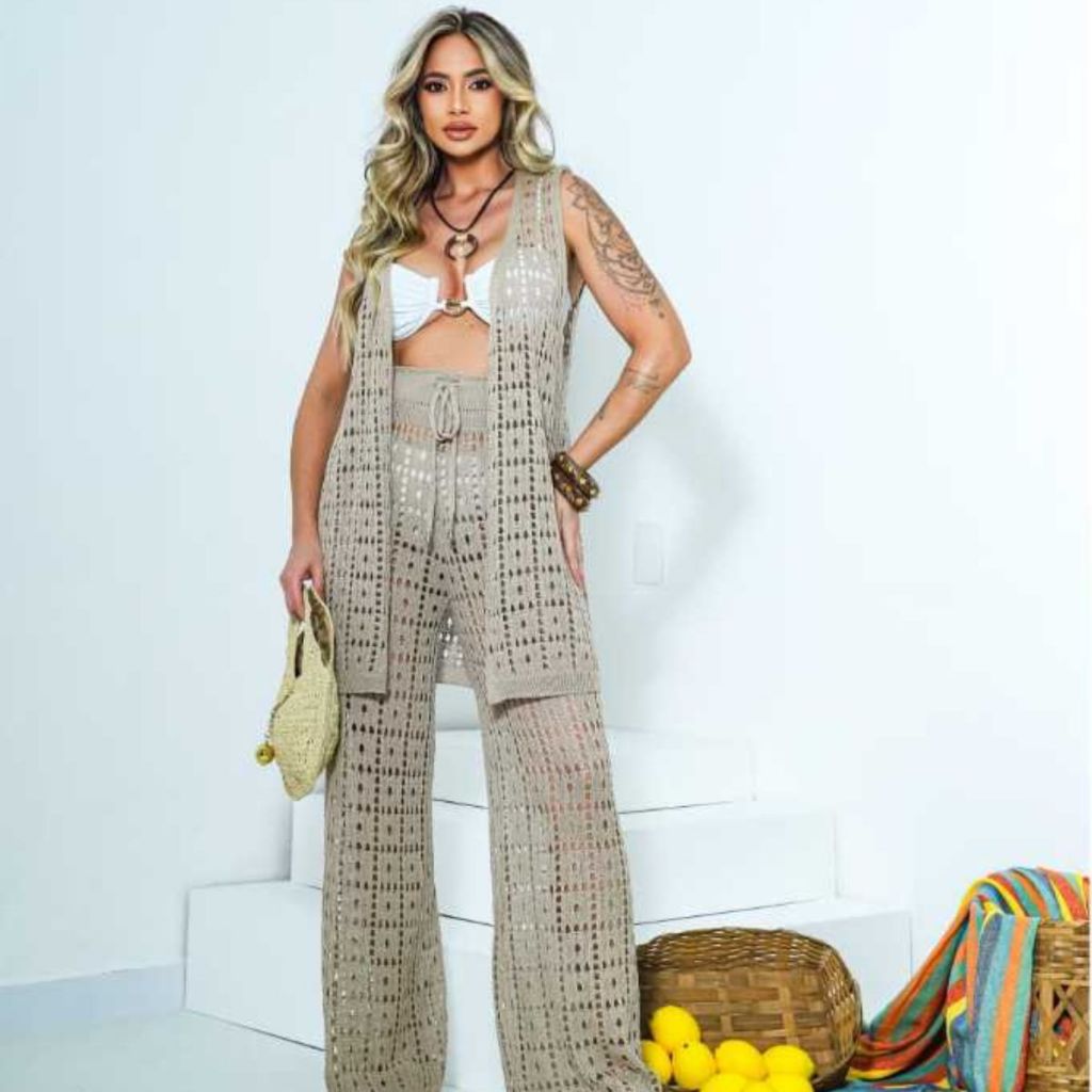 Conjunto Saída de Praia Tricot Calça Pantalona + Colete Estilo Croche Quadros Elegante Moda Verão em Oferta na Shopee