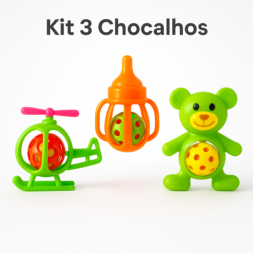 Kit com 3 chocalhos pra neném brinquedo pra criança bebê